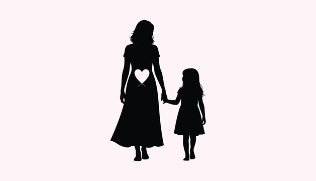 A mother and daughter holding hands in a pink and white background