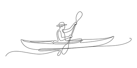 A minimalist line drawing of a person wearing a hat and paddling a kayak on the water. Vector, illustration