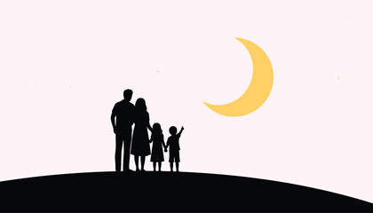 A family stands on a hill under a crescent moon © md