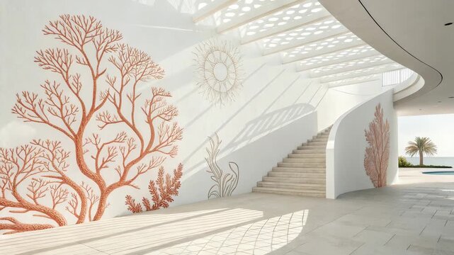 Coral Branch Wall Art Decor in Modern Interior with Natural Light and Palm Tree View