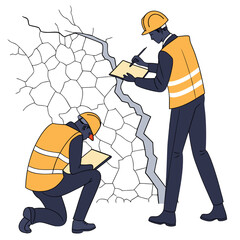 Construction workers inspecting cracked wall with clipboards