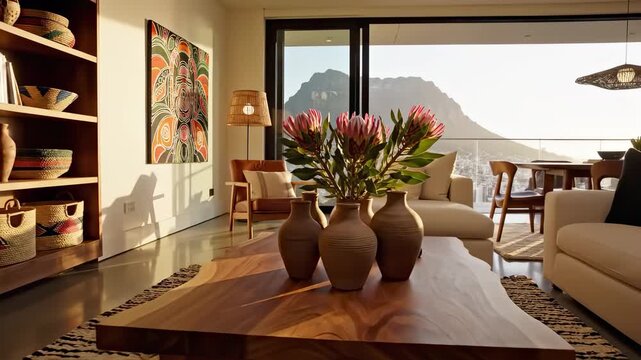 Luxurious living room with african decor, a wooden coffee table with protea flowers, and a scenic mountain view of lion's head and table mountain from the balcony