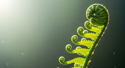 Green fern frond unfurling with delicate spiral shape