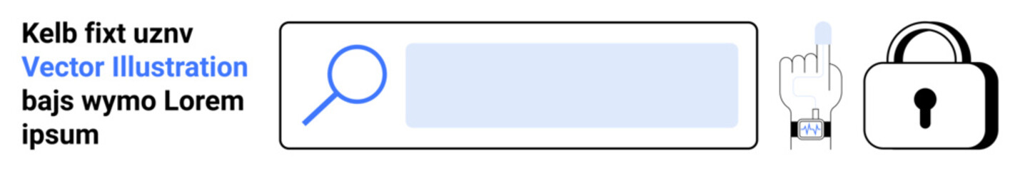 Obraz premium Online security, privacy, search engines, user interaction, data protection, encryption. Search bar with magnifying glass, hand pointing and lock symbol. Online security and privacy concept