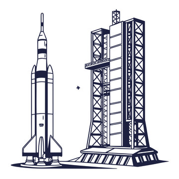 Space shuttle on launchpad with service tower rocket