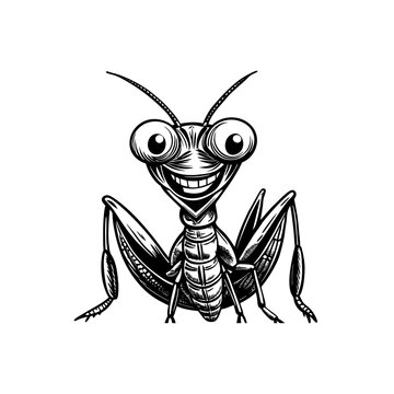 A whimsical, black and white illustration of a cartoon grasshopper with large, expressive eyes and a wide, toothy grin.