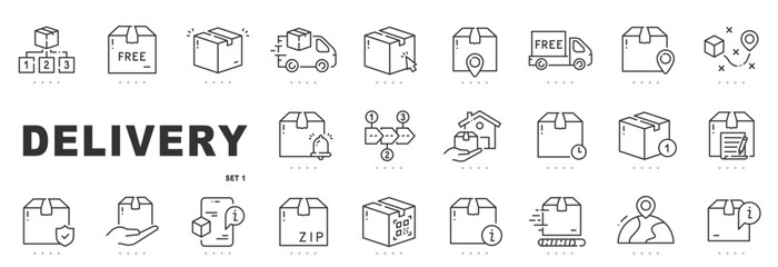 Outline delivery icon set for shipping, logistics, ecommerce fulfillment, parcel tracking, courier services, editable stroke, modern minimal line style.