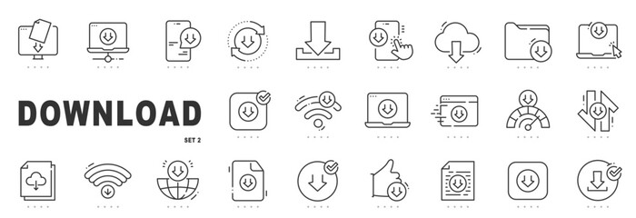 Fototapeta premium Outline download icon set illustrating file transfer, cloud storage, web interfaces, UI UX actions, editable stroke, minimal modern line style.