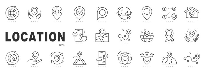 Outline location icon set featuring map pins, navigation, GPS tracking, destinations, global geography symbols, editable stroke, minimal modern line design. © tutti_frutti