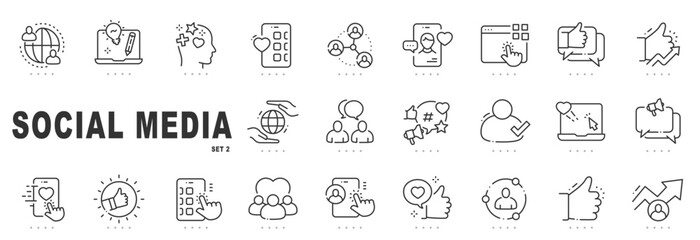 Naklejka premium Outline social media icon set for engagement, online communication, community growth, content interaction, and digital marketing, featuring clean editable stroke line icons for modern UI/UX design.