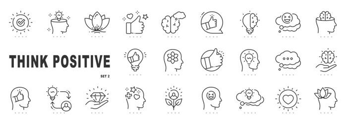 Outline think positive icon set illustrating mindset, mental health, motivation, wellbeing, optimism, selfcare concepts, editable stroke, minimal modern line design.