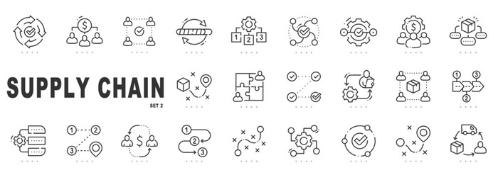 Obraz premium Outline supply chain icon set for logistics, workflow optimization, inventory management, distribution networks, editable stroke line icons for business UI design.