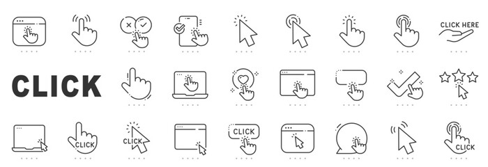 Outline click icon set showing cursor, hand gestures, buttons, UI UX interactions, web navigation actions, editable stroke, minimal modern line style.
