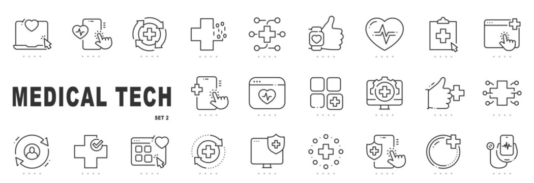 Outline medical tech icon set for healthcare technology, digital health apps, patient care, monitoring systems, UI UX interfaces, editable stroke style.
