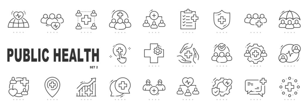 Outline public health icon set illustrating community healthcare, population protection, prevention strategies, monitoring systems, collaboration, editable stroke, minimal modern line style.
