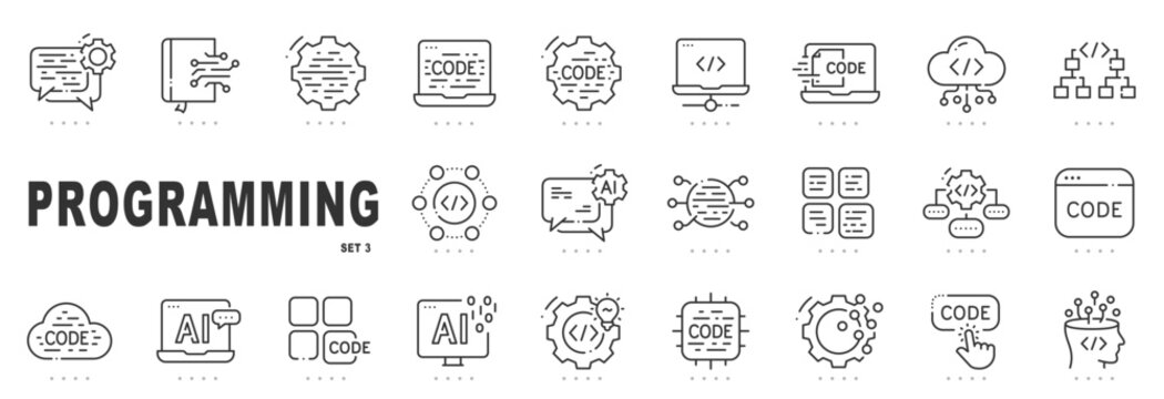 Outline programming icon set for software development, coding workflows, AI and cloud computing concepts, editable stroke, minimal modern line style for UI and UX design.