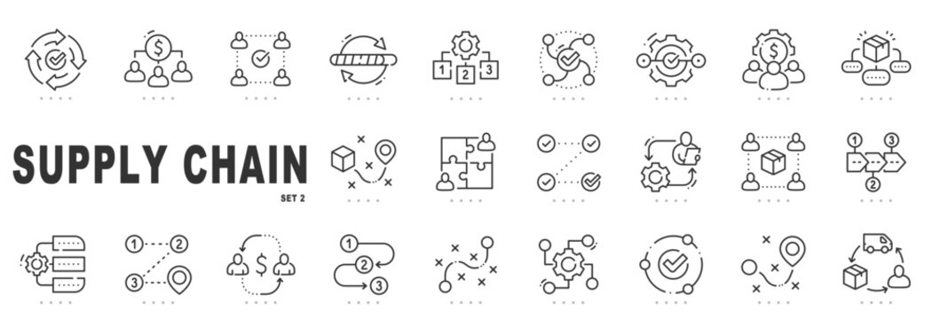 Outline supply chain icon set for logistics, workflow optimization, inventory management, distribution networks, editable stroke line icons for business UI design.