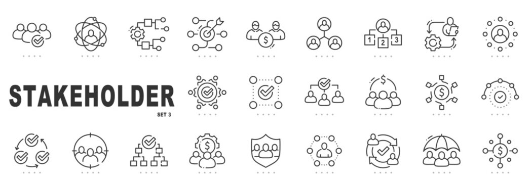 Outline stakeholder icon set for business governance, collaboration, engagement, decision making, partnerships, management systems, editable stroke, minimal modern line style.