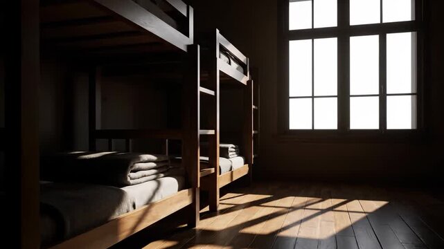 Time lapse of sunlight moving across the wooden floor of a dark dormitory. Empty room with bunk beds suggesting poverty, history, or loneliness and the passage of time