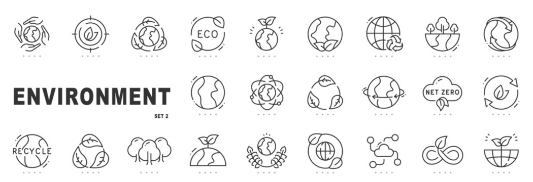 Outline environment icon set for sustainability, eco, climate, recycling, net zero concepts, green energy, editable stroke, minimal modern line design.