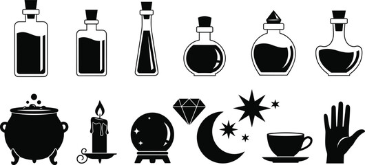 Black vector silhouette set of mystical occult icons including potion bottles cauldron crystal ball candle diamond moon stars and palmistry hand for magic branding © Abida