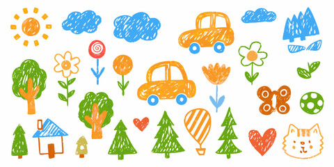 Fototapeta premium Child s crayon drawing featuring sun clouds flowers trees cars and a cat