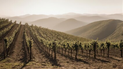Fototapeta premium A sunlit vineyard sprawls across rolling hills, bathed in golden hour's soft glow, evoking tranquility
