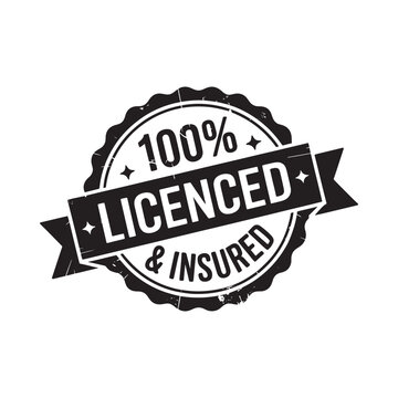 Black badge displaying 100 licenced insured text within a circular frame