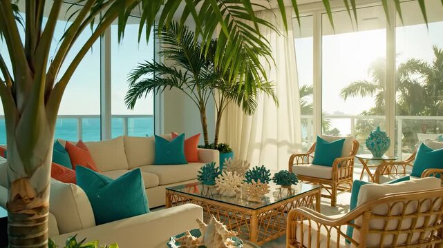 Luxurious living room interior with palm trees and ocean view in a modern coastal apartment. Sunlight illuminating an expensive penthouse with wicker furniture