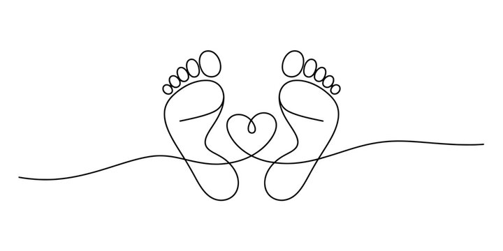 A continuous line art drawing of two baby footprints connected by a small heart shape Vector, illustration