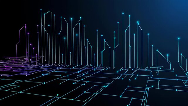 Digital sound wave or equalizer moving across a network grid with glowing lines and dots for data visualization technology.