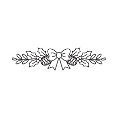 Black and white illustration of a festive holiday garland with pinecones and bow