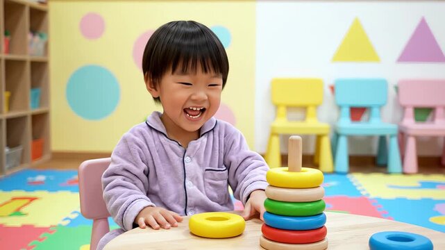 Adorable asian child wearing pajamas and sitting at table in playroom concentrating on stacking wooden rings on pyramid toy to enhance fine motor skills development. mental health Down syndrome