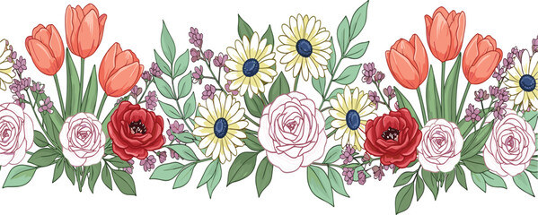 Seamless floral border vector illustration featuring colorful tulips roses and daisies with green leaves for wedding invitations spring greetings and garden decor. © Ismail