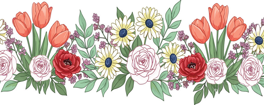 Seamless floral border vector illustration featuring colorful tulips roses and daisies with green leaves for wedding invitations spring greetings and garden decor.