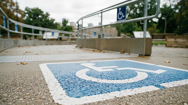 Concrete wheelchair ramp with metal handrails providing accessible entry in an urban park, featuring the international symbol of access painted on the ground and on signs along the path