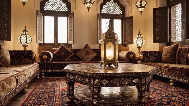 Ornate arabic majlis living room featuring traditional islamic lamps, plush sofas, persian carpets, and an inlaid mother of pearl coffee table, evoking a ramadan ambiance