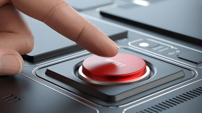Finger Pressing a Red Round RESET Button on a Control Panel reset button