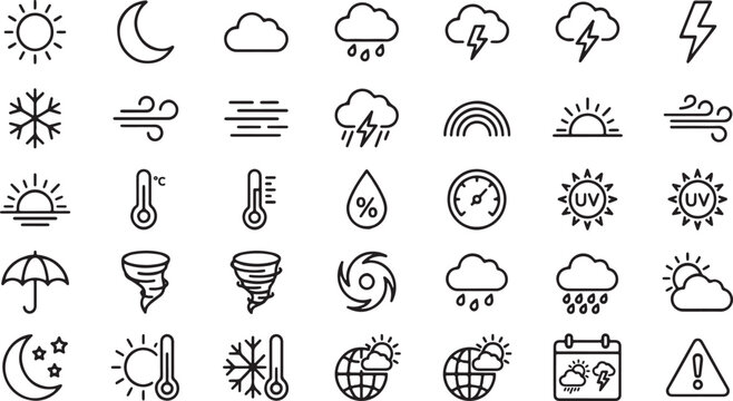 Weather app line icon set with sun, rain, cloud, storm, wind, temperature, forecast, climate, seasonal changes and meteorology icons for mobile and web applications