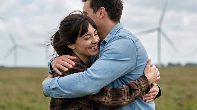Beautiful happy couple laughing and hugging affectionately with love in a field with wind turbines. Emotional reunion expressing tenderness, joy and romantic connection in a rural landscape