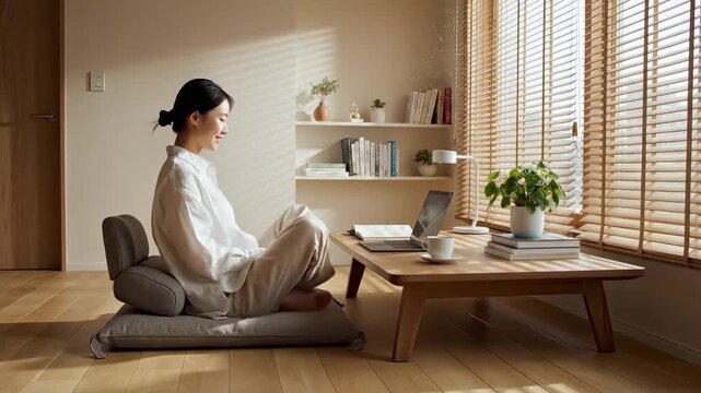 Young asian woman working from home, telecommuting on her laptop and smiling while enjoying a quiet morning in her bright, sunlit minimalist apartment