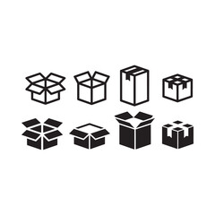 Various black and white cardboard box icons arranged in two rows