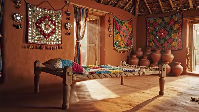 Traditional indian bedroom interior featuring a charpai bed, colorful textiles, and sunlight casting dynamic shadows across the warm, earthy toned clay walls