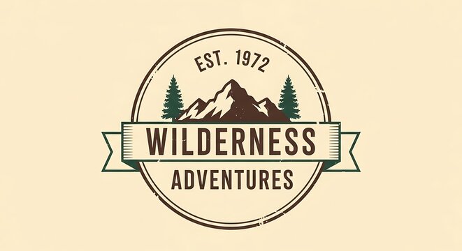Vintage wilderness adventures logo with mountains and trees