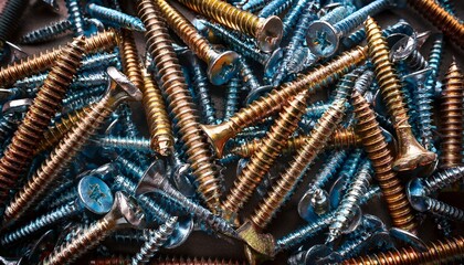 close up of long screws and self tapping screws as textured tool industrial background