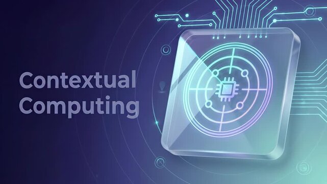 Advanced contextual computing concept visualizing a futuristic microprocessor analyzing data within a glass interface, showcasing the evolution of artificial intelligence and ubiquitous computing