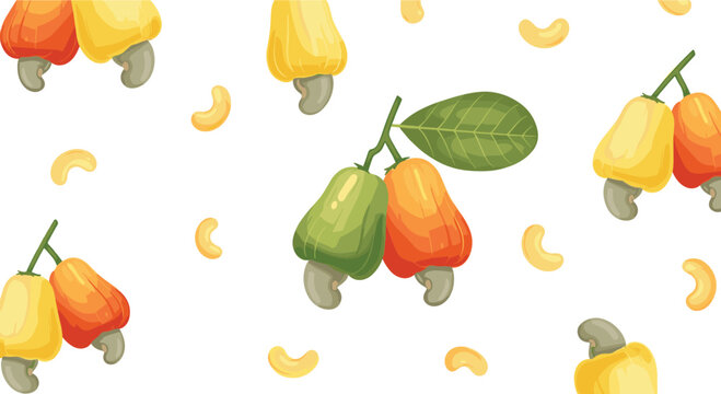 Cashew fruit seamless pattern illustration. Orange and yellow nuts with green leaves in watercolor style. Minimal repeating design for textile and packaging isolated on white background.