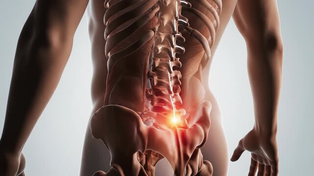 Medical 3d animation highlighting lower back pain with a glowing red spot on the lumbar vertebrae, showing the anatomy of the spine and sacrum, and representing sciatica and joint inflammation