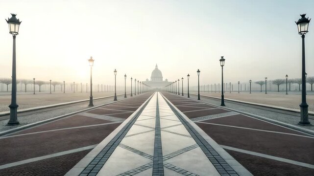 Grand Plaza Perspective with Lamp Posts and Distant Dome at Sunrise