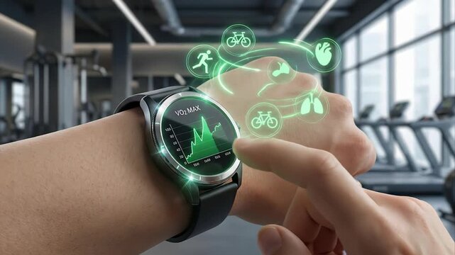 Futuristic smartwatch on a wrist displaying vo2 max and fitness tracker information with a holographic interface showing workout options like running, cycling, and health metrics in a modern gym
